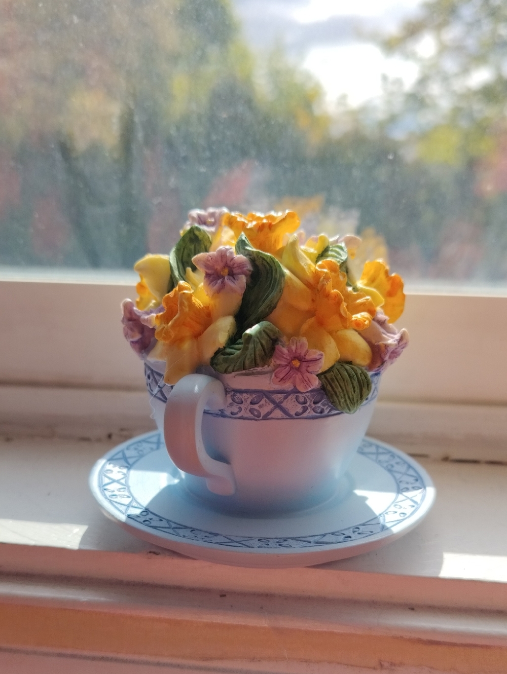 Decorative Floral Teacup Figurine with Yellow & Green Flowers